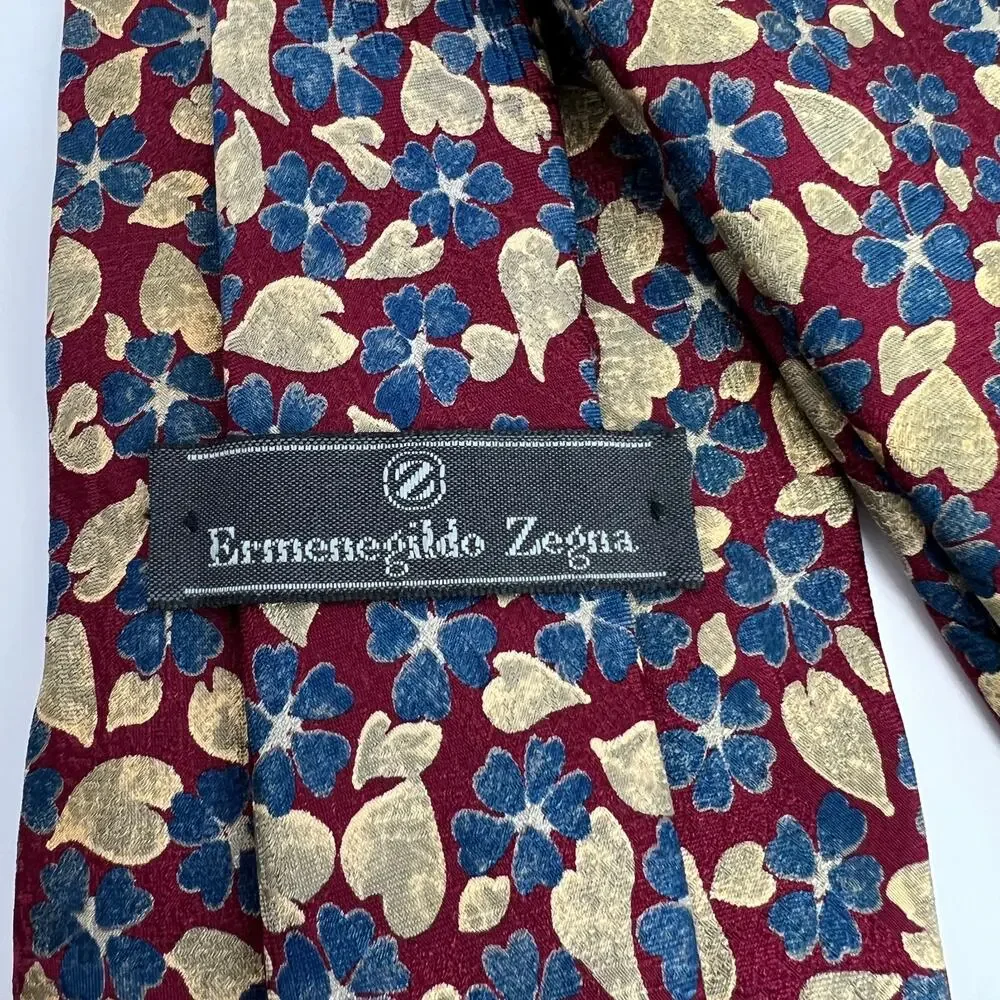 Vintage Ermenegildo Zegna Italy 100% Silk Hand Made Tie Red Gold Blue Floral